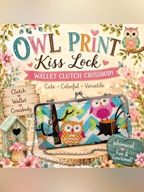 Colorful Quilted Owl Print Kiss Lock Wallet Clutch Crossbody Purse Chain Strap